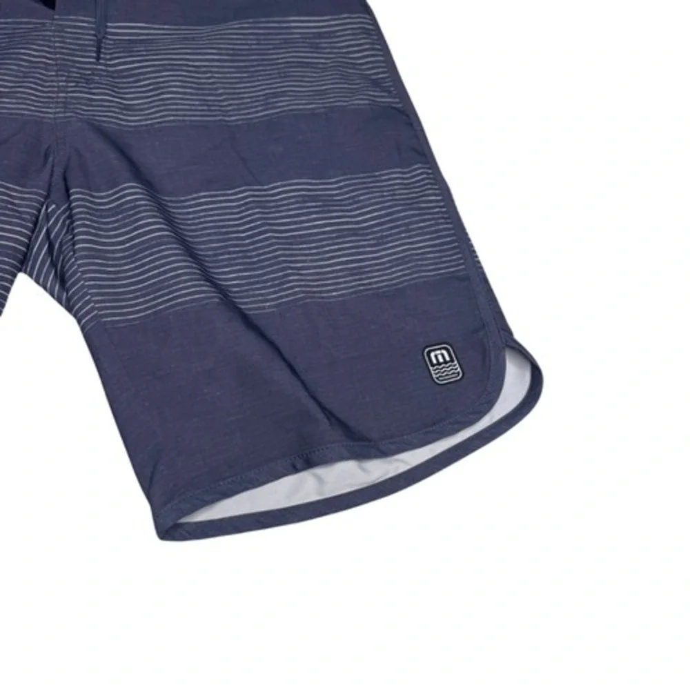 Travis Mathew Men's Check Mate Striped Stretch Swim Board Shorts Navy Blue Sz 38